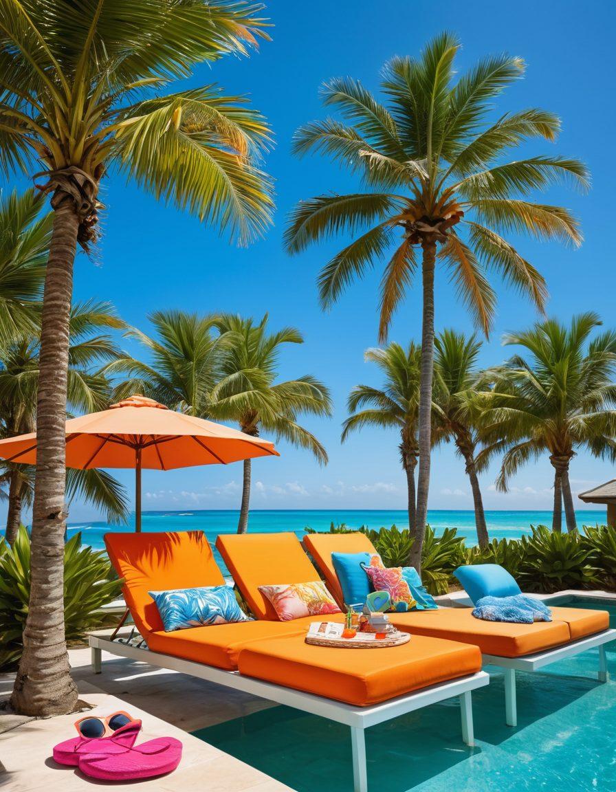 A vibrant tropical poolside scene featuring a stylish array of summer bikinis displayed on colorful loungers under palm trees. Add a glimpse of a sunlit paradise in the background, like a beach with soft waves and blue skies. Bright, playful accessories like sunglasses and beach hats are scattered around the scene to capture the essence of summer fashion. Emphasize warmth and relaxation in the atmosphere. super-realistic. vibrant colors. tropical theme.